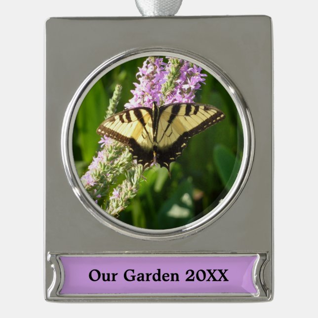 Frack Butterfly auf Lila Wildblumen Banner-Ornament Silber (Vorderseite)