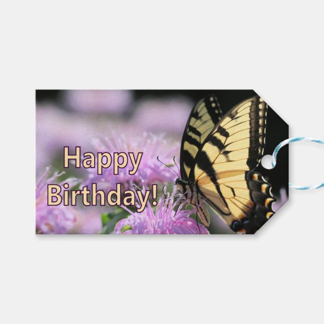 Frack Schmetterling Geburtstagswünsche Geschenkanhänger (Vorderseite (Horizontal))