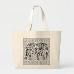 Fractal swirl elephant - grey, black and white jumbo stoffbeutel