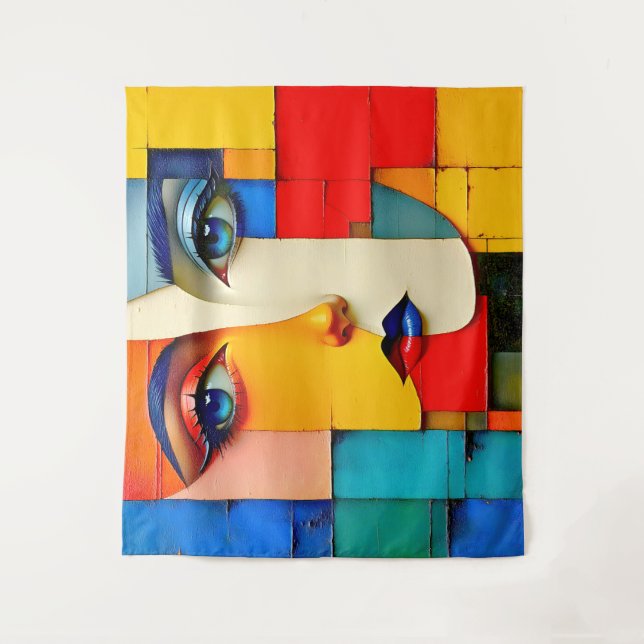 "Fractured Reality" - ein Abstraktes Portrait Wandteppich (Vorderseite)