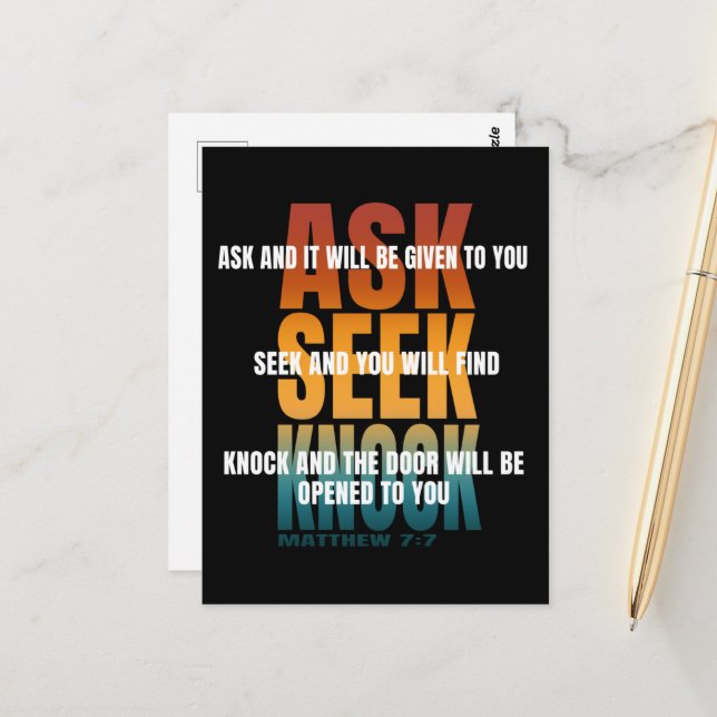 Frag Seek Knock Postkarte (Vorderseite/Rückseite Beispiel)