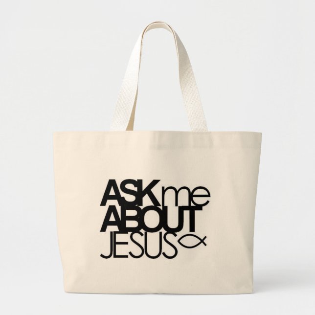 Fragen Sie mich über Jesus-Tasche Jumbo Stoffbeutel (Vorne)