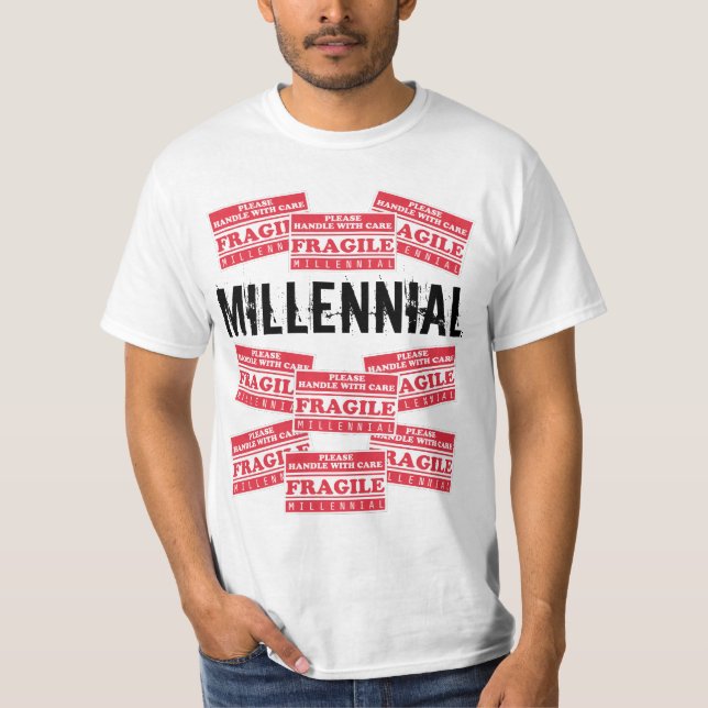Fragile Millenniums-Labels, bitte mit Vorsicht umg T-Shirt (Vorderseite)