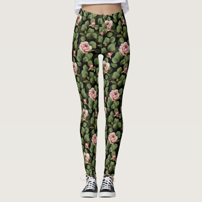 Fragile Rose. Blumenmuster auf schwarz Leggings (Vorderseite)