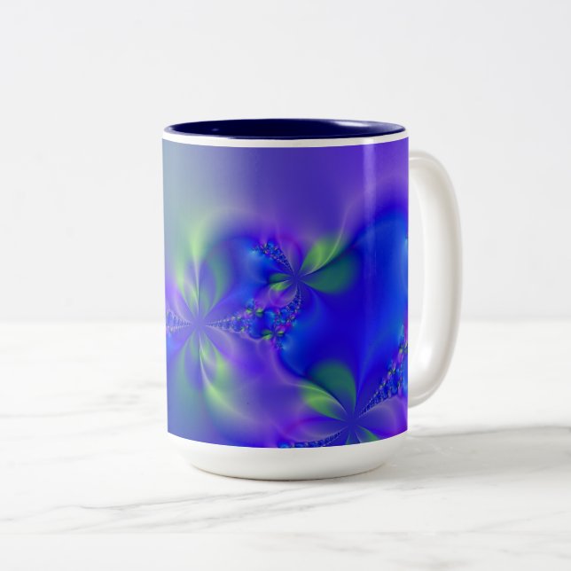 Fraktal 44 (blau, grün und lila) zweifarbige tasse (VorderseiteRechts)