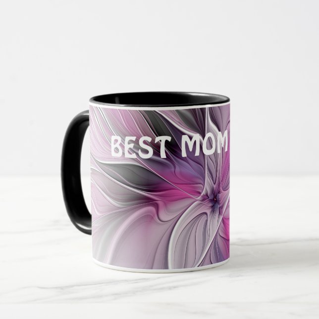 Fraktal Abstrakte Blume Rosa Grau Beste Mama Tasse (Vorderseite Links)