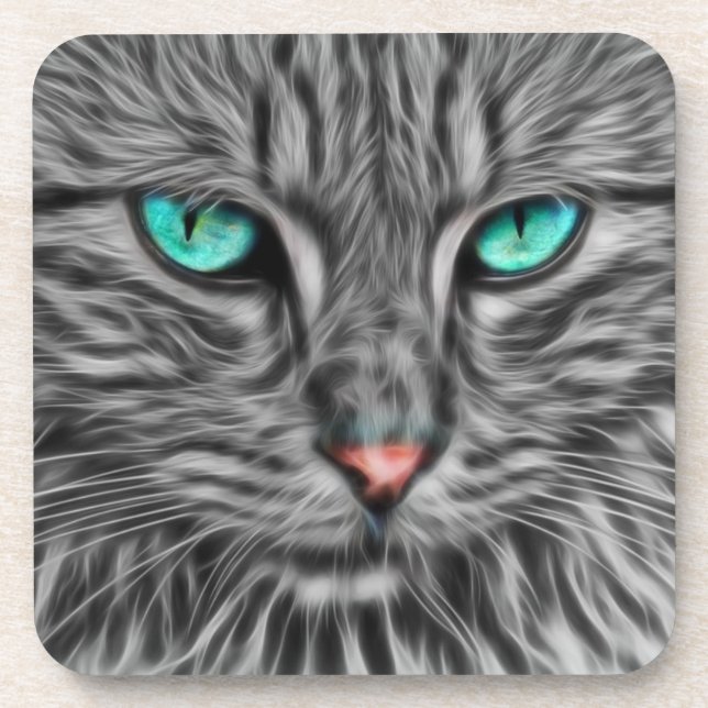 Fraktal Blue Mit Augen Cat Getränkeuntersetzer (Vorderseite)