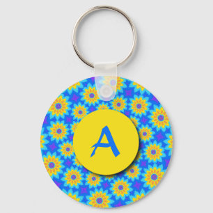 Fraktal Blue Patchwork Daisies Monogram Schlüssela Schlüsselanhänger