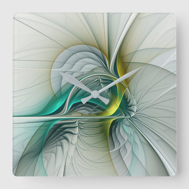 Fraktal Evolution, Golden Türkis Abstrakte Kunst Quadratische Wanduhr (Vorderseite)