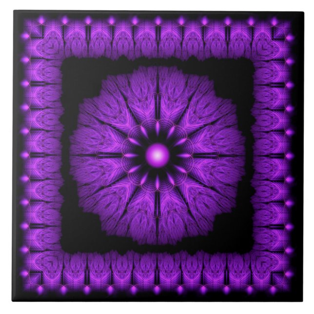 Fraktal Fee Blau gerahmte Ornament Fliese (Vorderseite)