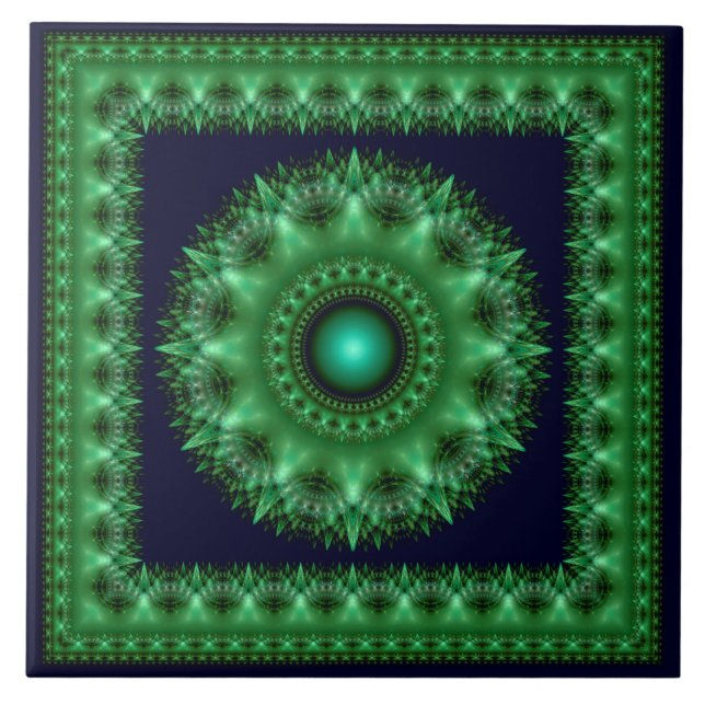 Fraktal grün brillant gerahmt Mandala Fliese (Vorderseite)