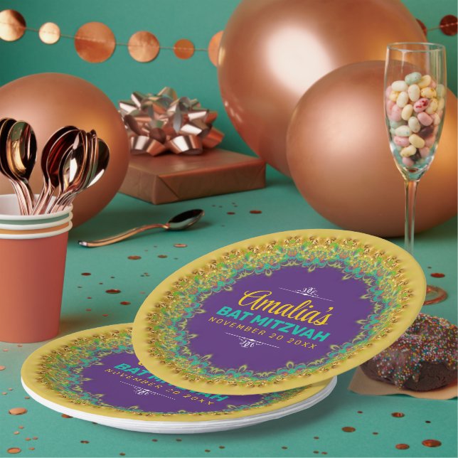 Fraktal Lace Lila Yellow Bat Mitzvah Pappteller (Multi)