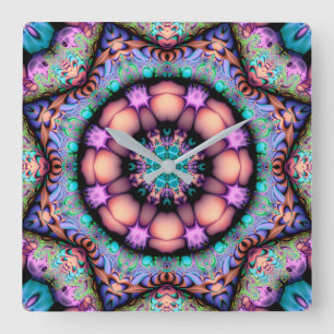 Fraktal Mandala Blumige psychedelische Kunst Quadratische Wanduhr