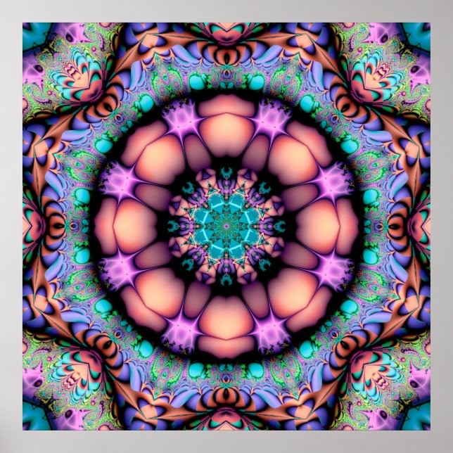 Fraktal Mandala Floral Psychedelic Poster