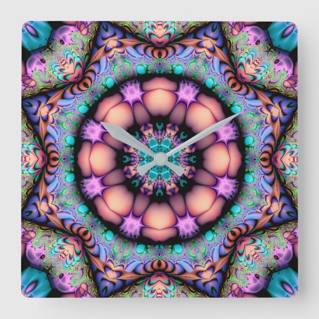 Fraktal Mandala Floral Psychedelic Quadratische Wanduhr (Vorderseite)