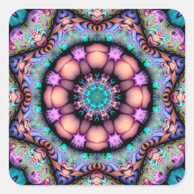 Fraktal Mandala Floral Psychedelic Quadratischer Aufkleber (Vorderseite)