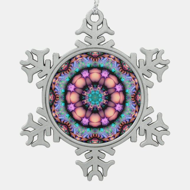 Fraktal Mandala Floral Psychedelic Schneeflocken Zinn-Ornament (Vorderseite)