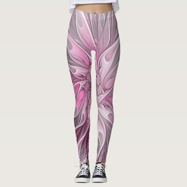 Fraktal Rosa Blume Traum, Blumenfantasy Muster Leggings (Vorderseite)