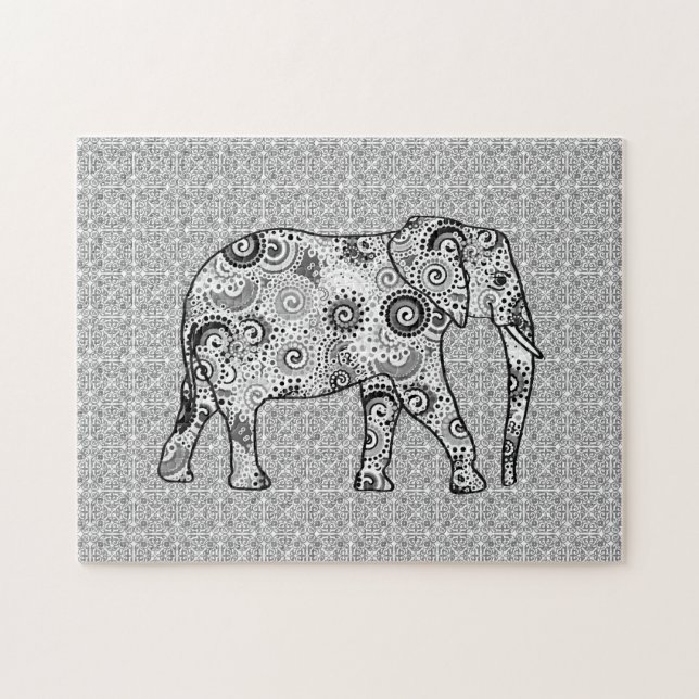 Fraktal Swirl Elephant, grau, schwarz und weiß Puzzle (Horizontal)