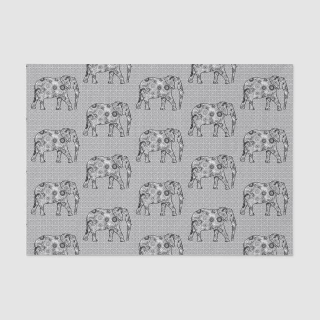 Fraktal Swirl Elephant, grau, schwarz und weiß Seidenpapier (Vorderseite)