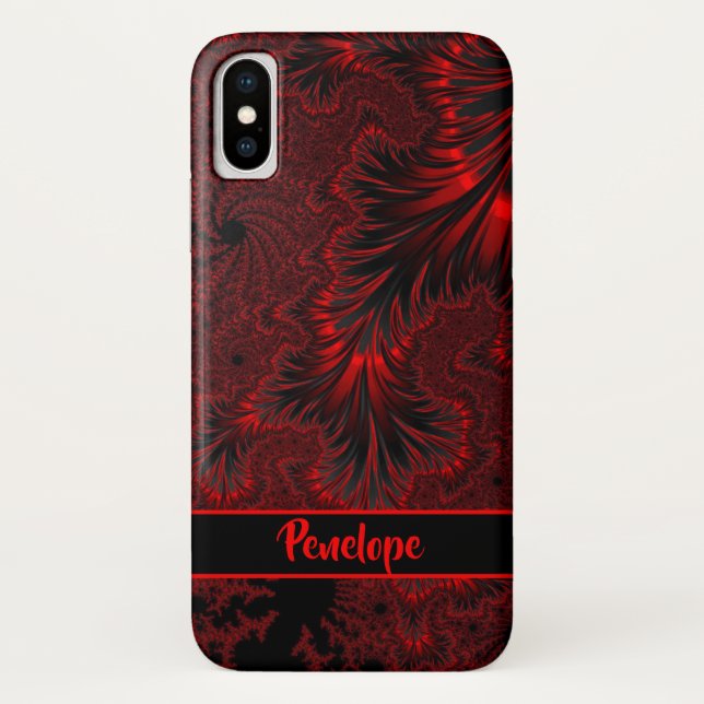 Fraktal und Name in Rot und Schwarz Damask im Goti Case-Mate iPhone Hülle (Rückseite)