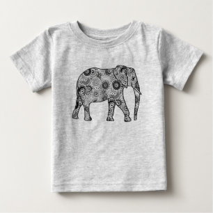 Fraktal wirbelnder Elefant - grau, schwarz und wei Baby T-shirt