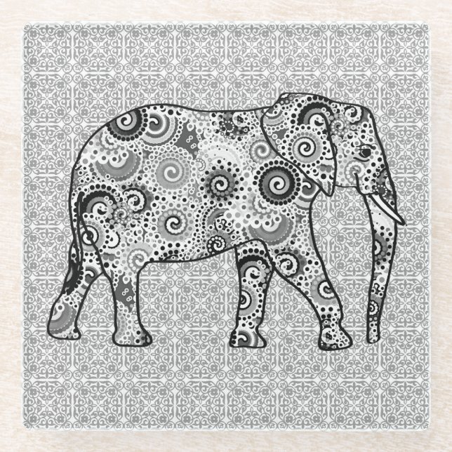 Fraktal wirbelnder Elefant - grau, schwarz und wei Glasuntersetzer (Vorderseite)