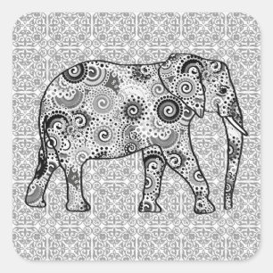 Fraktal wirbelnder Elefant - grau, schwarz und wei Quadratischer Aufkleber
