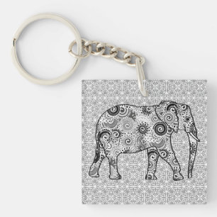 Fraktal wirbelnder Elefant - grau, schwarz und wei Schlüsselanhänger