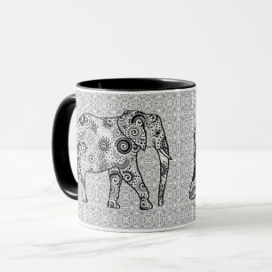 Fraktal wirbelnder Elefant - grau, schwarz und wei Tasse
