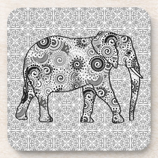 Fraktal wirbelnder Elefant - grau, schwarz und wei Untersetzer (Vorderseite)