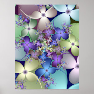 Fraktale florale Wirbel-Pastell-Lila-Blau-Kunst Poster