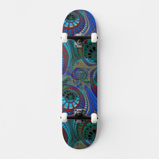 Fraktale Mandala Art Blue Red Green Skateboard (Vorderseite)