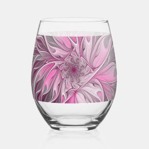Fraktale rosa Blumen Traum, florales Fantasy-Muste Weinglas Ohne Stiel