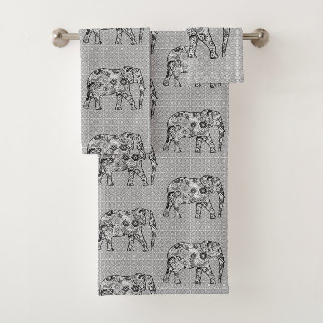 Fraktalstrudelelefant, Grau, Schwarzweiss Badhandtuch Set (Insitu)