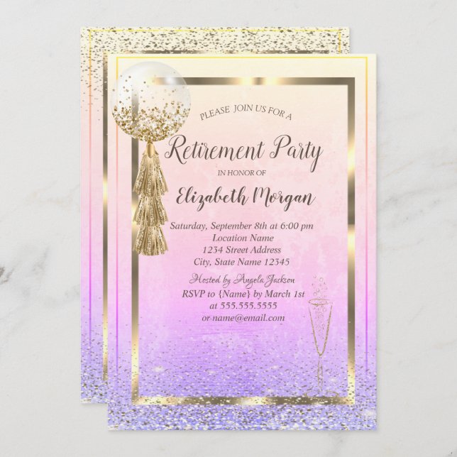 Frame Balloon, Glass Confetti Ombre Retirement Einladung (Vorne/Hinten)