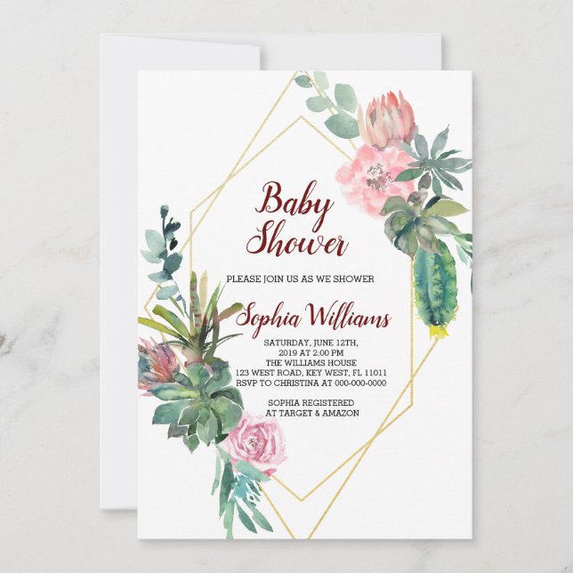 Frame Gold Boho Cactus Baby Shower Einladung (Vorderseite)