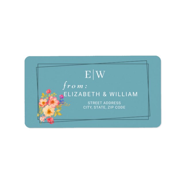  Frame with Roses, Wedding style on retro blue Adressaufkleber (Vorne)