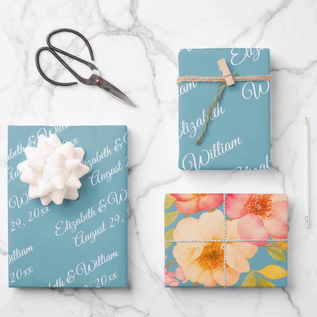  Frame with Roses, Wedding style on retro blue Geschenkpapier Set (Vorderseite)