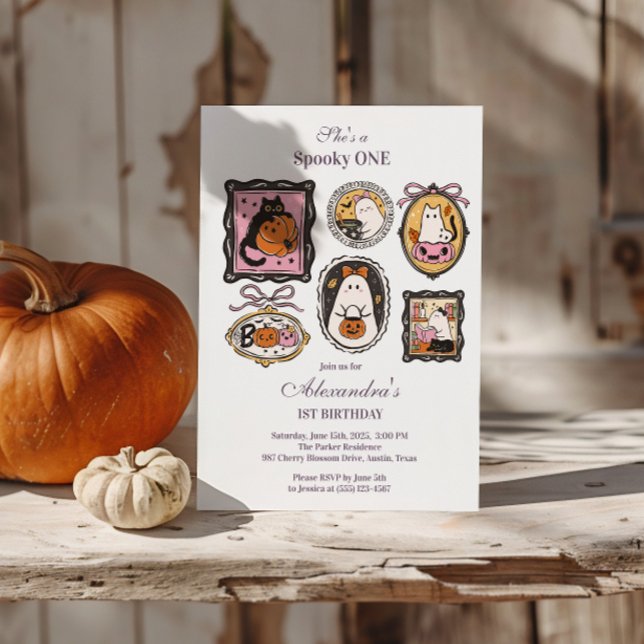 Framed Ghost & Cat Halloween 1st Birthday Einladung (Von Creator hochgeladen)