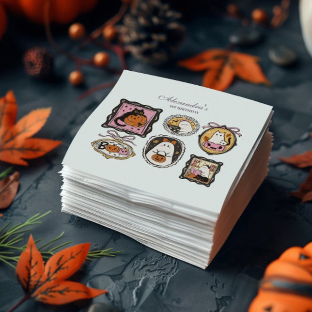 Framed Ghost & Cat Halloween 1st Birthday Serviette (Von Creator hochgeladen)