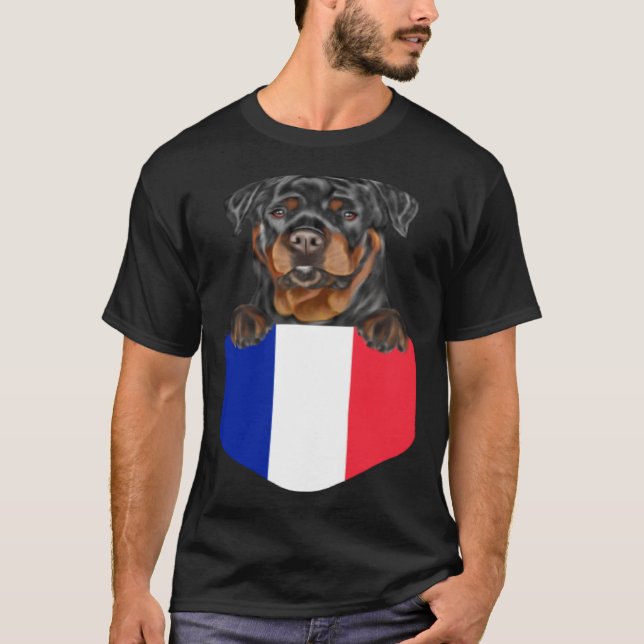 France Flag Rottweiler Dog In Pocket T-Shirt (Vorderseite)