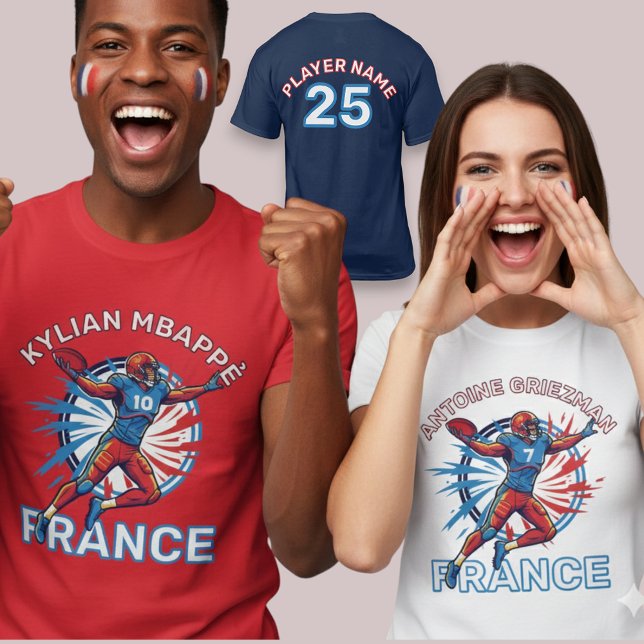 France Football Dynamic Quarterback Patriotic Art T-Shirt (Use Personalized to change color/font.
Choose a color that matches the background color of shirt)