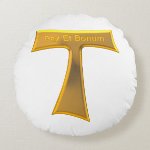 Franciscan Tau Cross Pax und Bonum Gold Metallic Rundes Kissen