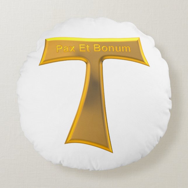 Franciscan Tau Cross Pax und Bonum Gold Metallic Rundes Kissen (Vorderseite)