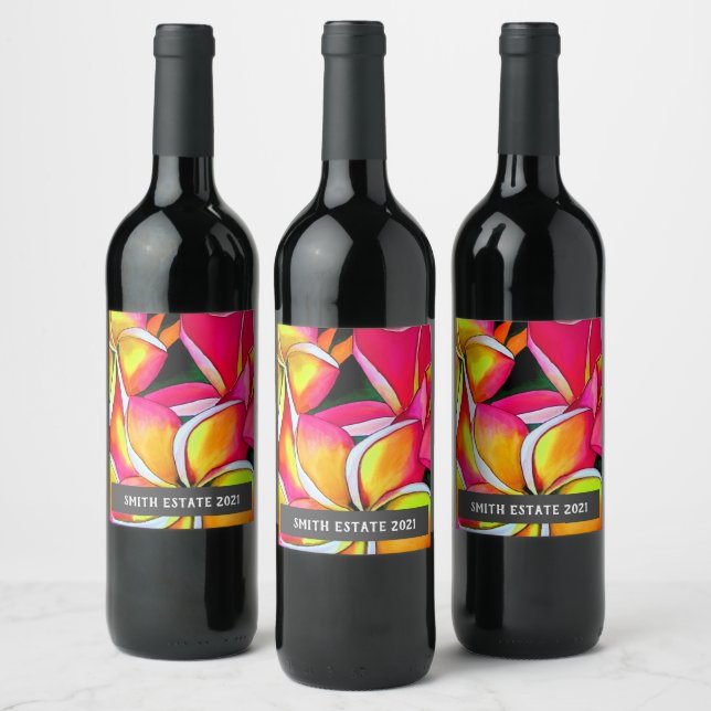 Frangipan Blume Aquarell Blumenweinlabel Weinetikett (Flaschen)