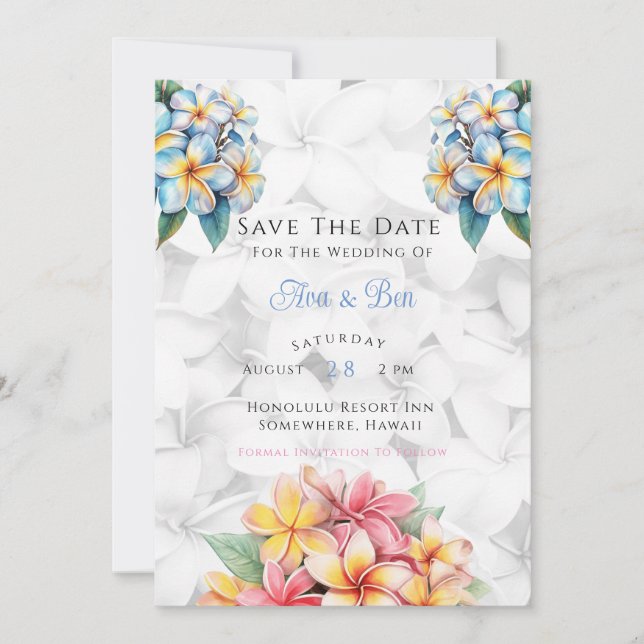 Frangipani Hawaiian Wedding Save the Date Card Einladung (Vorderseite)