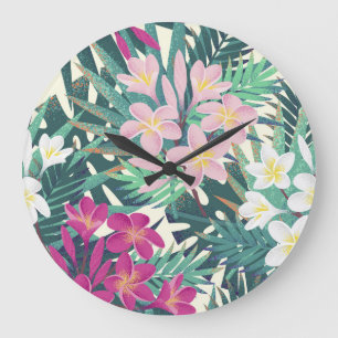Frangipani Tropical: Rosa-Weiß Vintag. Große Wanduhr