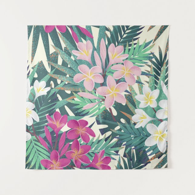Frangipani Tropical: Rosa-Weiß Vintag. Wandteppich (Vorderseite)