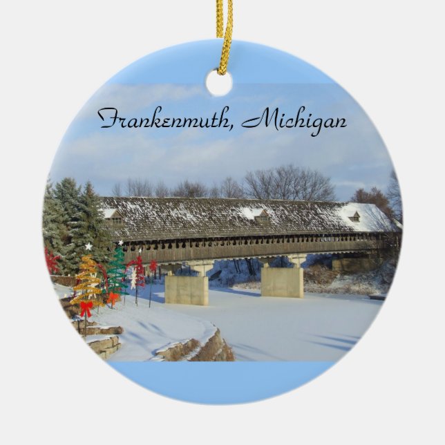 Frankenmuth MI bedeckte hölzerne Keramikornament (Vorne)